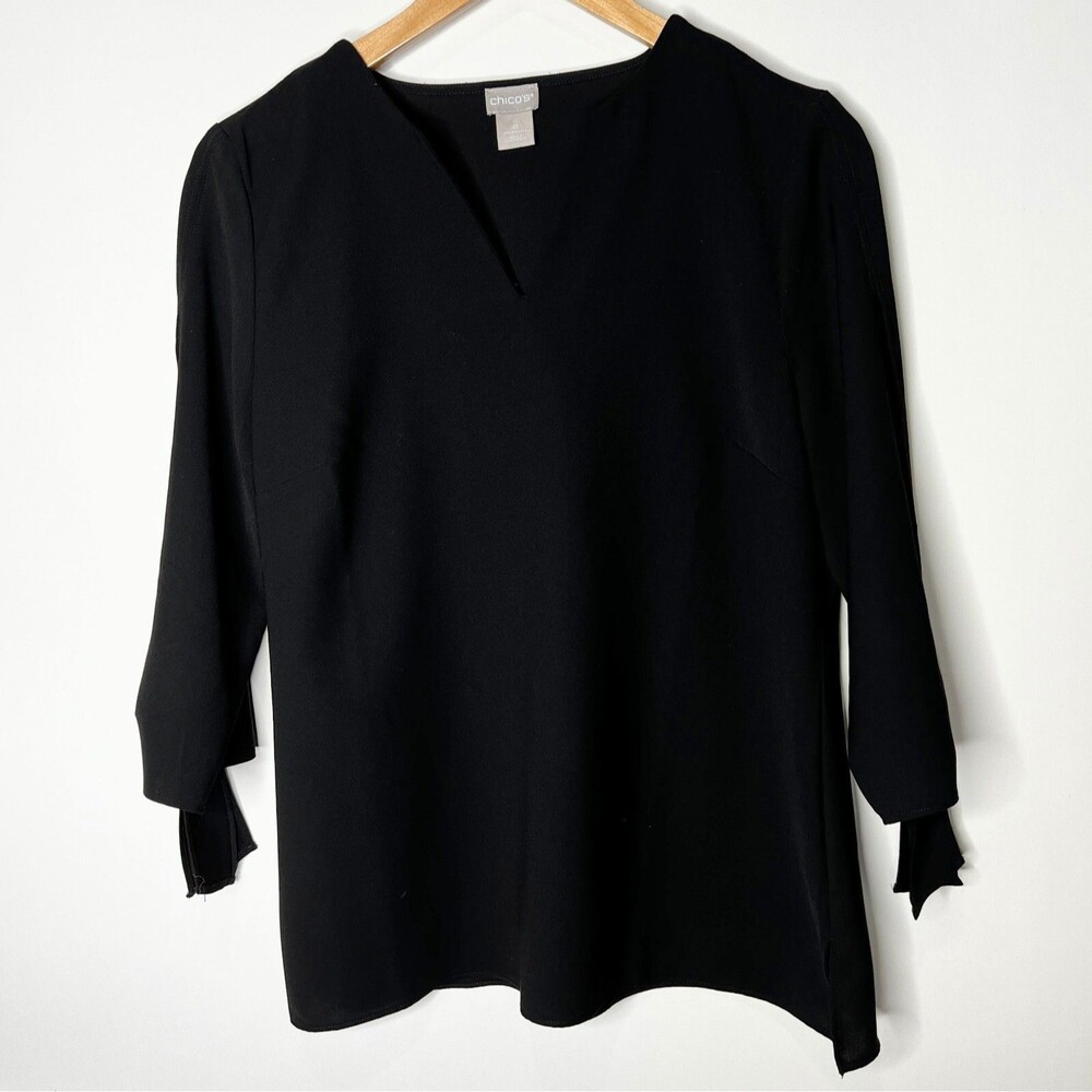 Chico's Blouse Black V-Neck Cut Out Open Sleeve Bow Women's Size 0 4-6